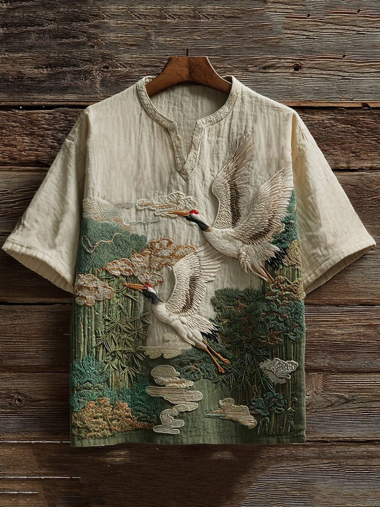 Primale Premium Beige Crane Forest Embroidered Short Sleeve Kurta Shirt for Men Modern Fit S–6XL