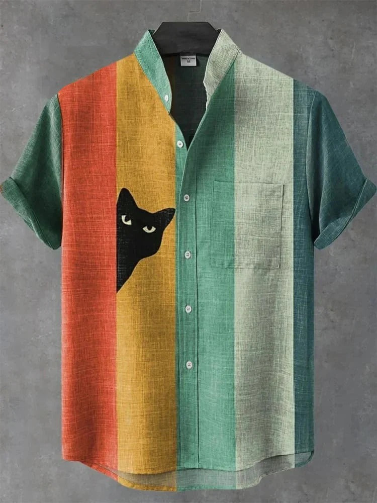 Primale Premium Multicolor Striped Cat Print Short Sleeve Shirt for Men Modern Fit S–6XL