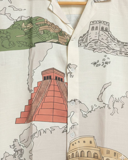 World Map Landmark Print Button-Up Shirt, Travel Inspired Short Sleeve Shirt, Lightweight Unisex Summer Shirt