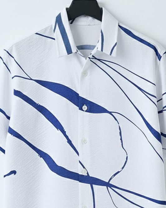 Modern Abstract Blue Line Button-Up Shirt, Minimalist Short Sleeve Summer Shirt, Lightweight Unisex Shirt