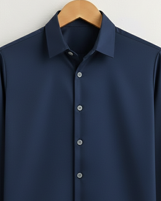 Classic Solid Navy Blue Button-Up Shirt, Long Sleeve Minimalist Shirt, Lightweight Unisex Casual Shirt