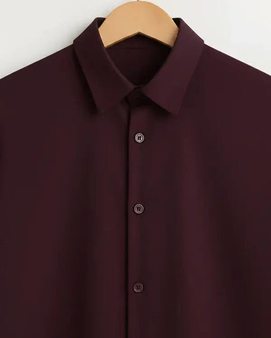 Classic Solid Burgundy Button-Up Shirt, Long Sleeve Minimalist Shirt, Lightweight Unisex Casual Shirt