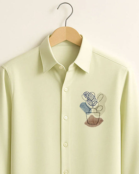 Minimal Abstract Floral Embroidered Button-Up Shirt, Pastel Green Long Sleeve Shirt, Lightweight Unisex Casual Shirt