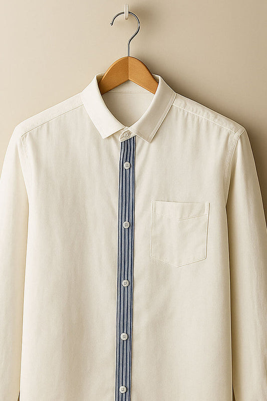 Minimal Contrast Placket Button-Up Shirt, Off-White Long Sleeve Shirt with Blue Detail, Lightweight Unisex Casual Shirt
