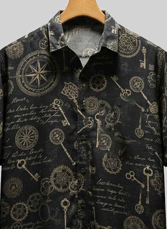Vintage Compass & Key Print Button-Up Shirt, Gothic Steampunk Short Sleeve Shirt, Lightweight Unisex Shirt