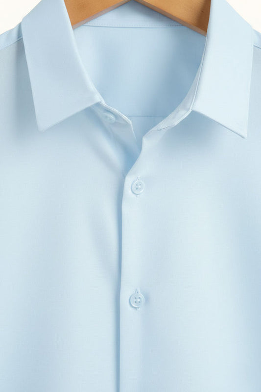 Classic Solid Light Blue Button-Up Shirt, Long Sleeve Minimalist Shirt, Lightweight Unisex Casual Shirt
