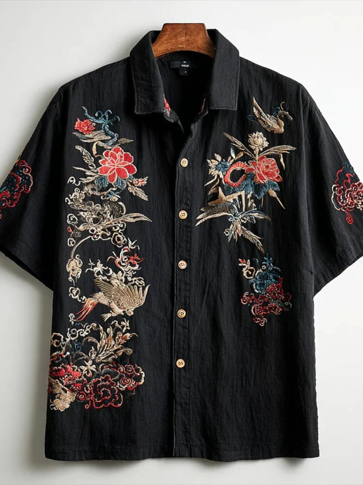Primale Premium Black Floral Crane Embroidered Short Sleeve Shirt for Men Modern Fit S–6XL