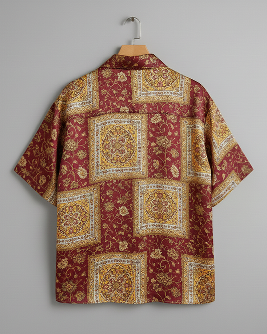 Royal Maroon Patchwork Floral Button-Up Shirt, Vintage Ornate Short Sleeve Shirt, Lightweight Unisex Shirt