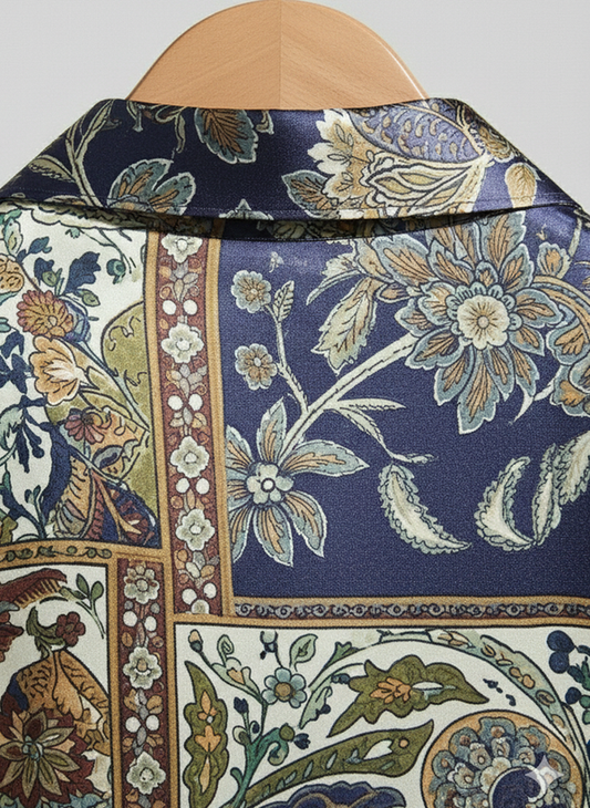 Luxury Patchwork Paisley Button-Up Shirt, Vintage Baroque Short Sleeve Shirt, Lightweight Unisex Shirt