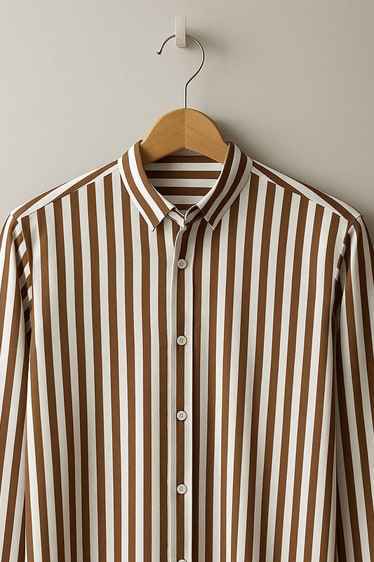Classic Brown & White Vertical Striped Button-Up Shirt, Long Sleeve Minimalist Stripe Shirt, Lightweight Unisex Casual Shirt