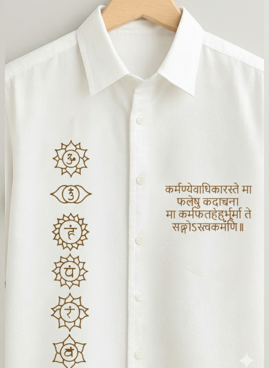 Spiritual Chakra Sanskrit Button-Up Shirt, Minimal Yoga Inspired Short Sleeve Shirt, Lightweight Unisex Shirt