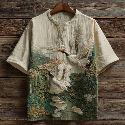 Primale  Premium Beige Crane Forest Embroidered Short Sleeve Kurta Shirt for Men Modern Fit S–6XL