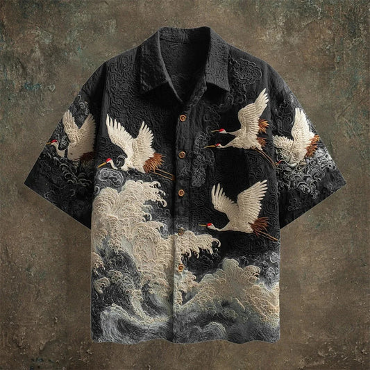 Primale Primale Premium Black Crane Wave Print Short Sleeve Shirt for Men Modern Fit S–6XL