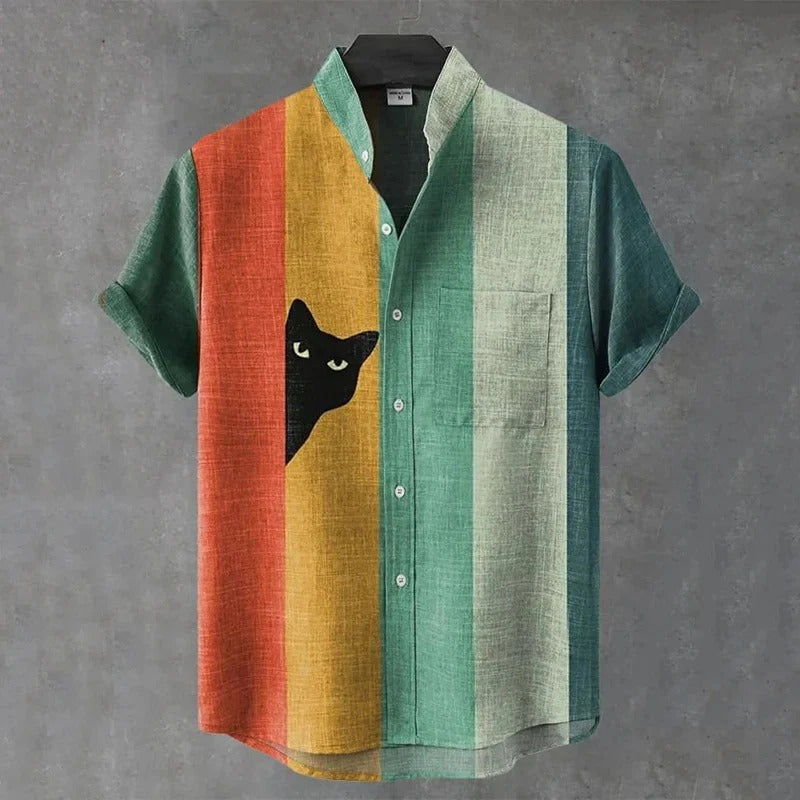 Primale Premium Multicolor Striped Cat Print Short Sleeve Shirt for Men Modern Fit S–6XL