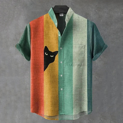 Primale Premium Multicolor Striped Cat Print Short Sleeve Shirt for Men Modern Fit S–6XL