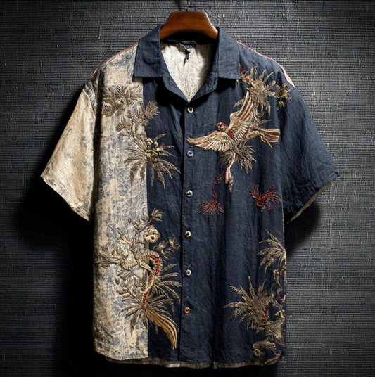 Primale Premium Black Beige Phoenix Embroidered Short Sleeve Shirt for Men Modern Fit S–6XL