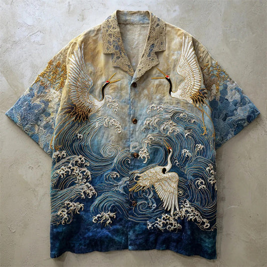 Primale Premium Beige Blue Crane Wave Art Short Sleeve Shirt for Men Modern Fit S–6XL