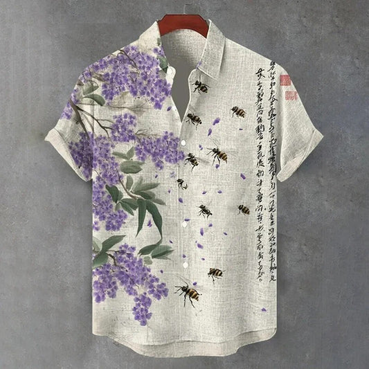 Primale Premium Beige Floral Bee Print Short Sleeve Shirt for Men Modern Fit S–6XL