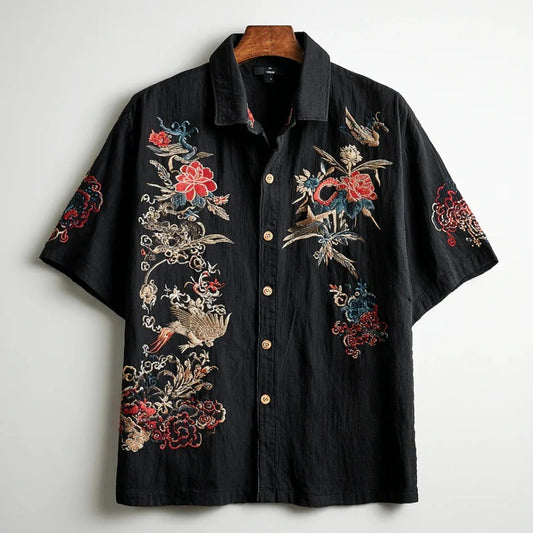 Primale Premium Black Floral Crane Embroidered Short Sleeve Shirt for Men Modern Fit S–6XL