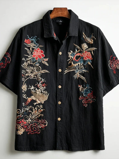 Primale Premium Black Floral Crane Embroidered Short Sleeve Shirt for Men Modern Fit S–6XL
