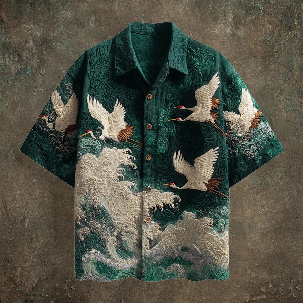 Primale Primale Premium Black Crane Wave Print Short Sleeve Shirt for Men Modern Fit S–6XL