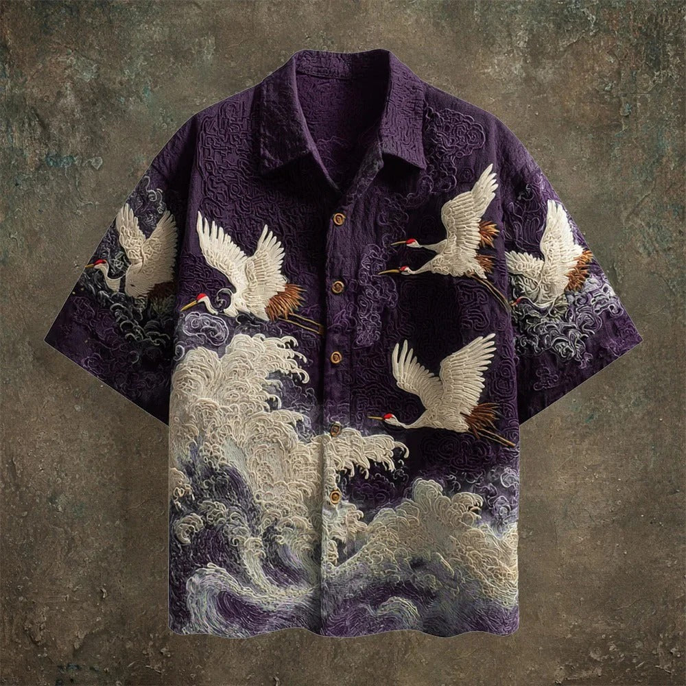 Primale Primale Premium Black Crane Wave Print Short Sleeve Shirt for Men Modern Fit S–6XL