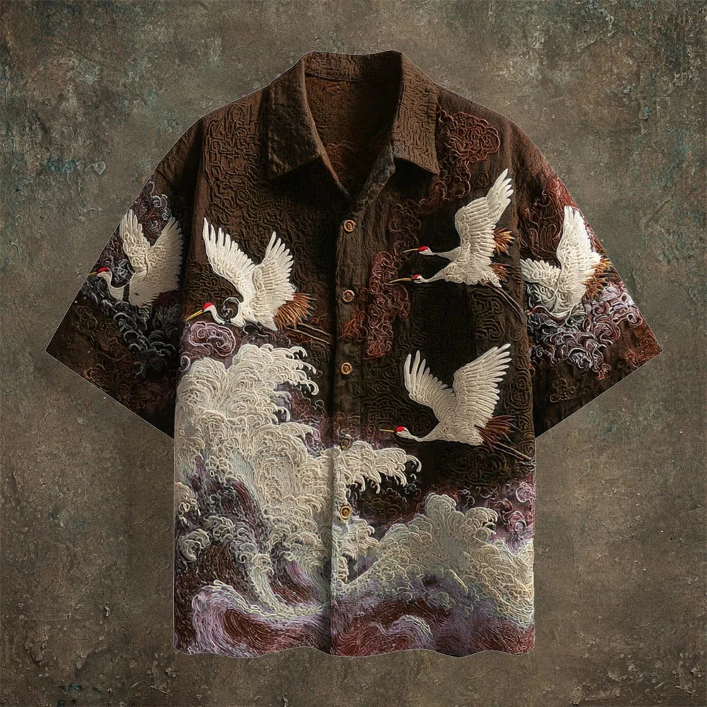 Primale Primale Premium Black Crane Wave Print Short Sleeve Shirt for Men Modern Fit S–6XL