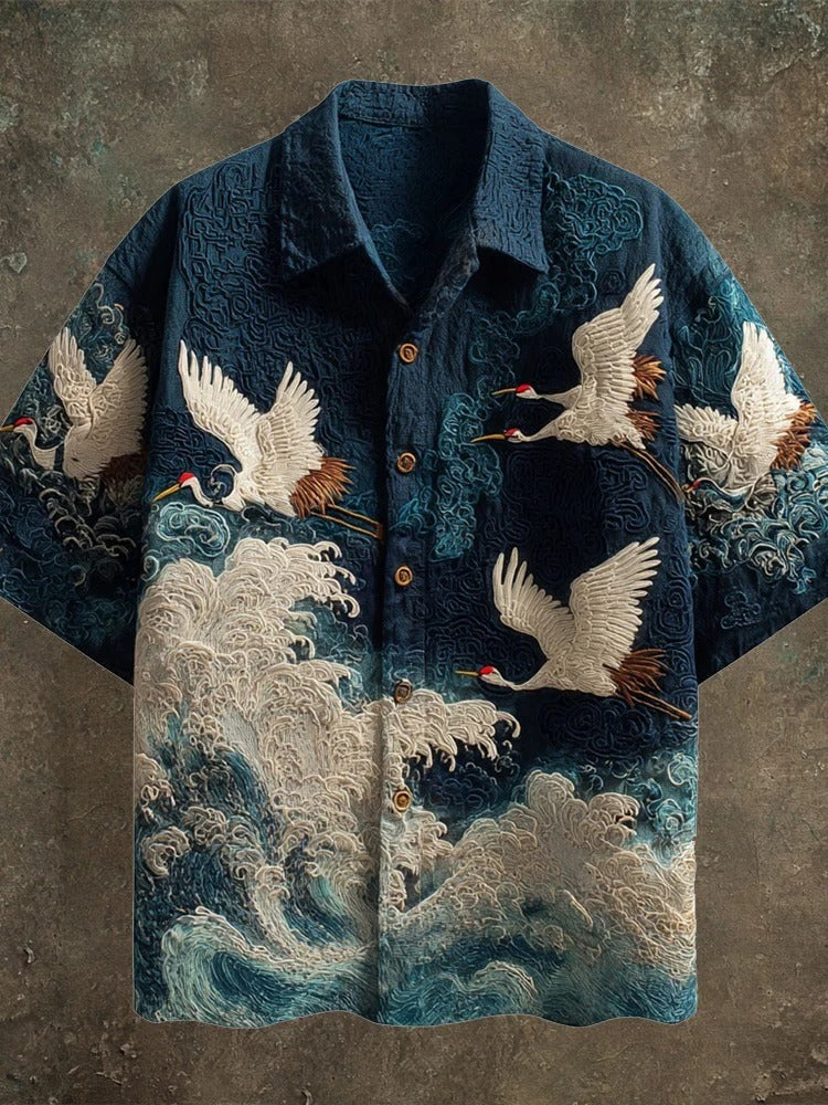 Primale Primale Premium Black Crane Wave Print Short Sleeve Shirt for Men Modern Fit S–6XL